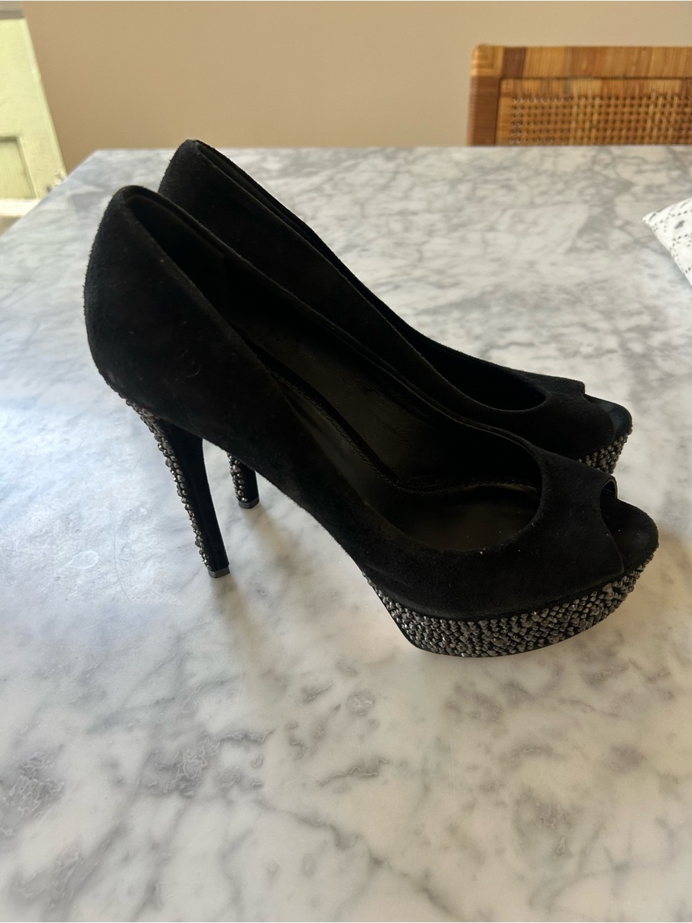 B Brian Atwood Black Suede Peep-Toe Platform Pumps with Sparkle Heel